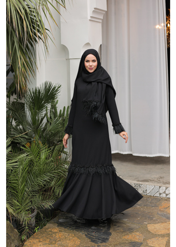 Elif Modelı Tüy Detaylı Siyah Elbise