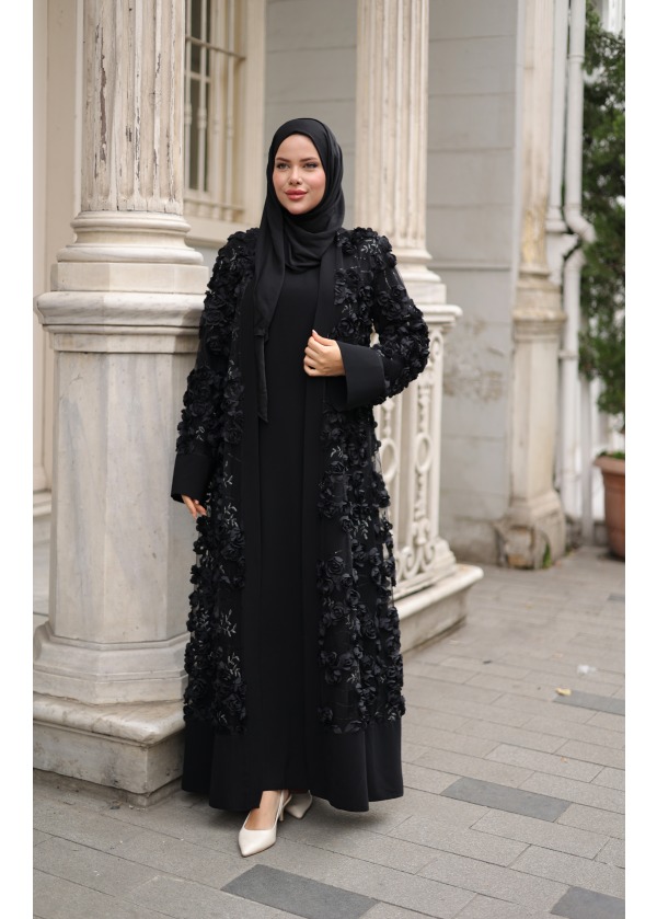 Gül Model Siyah Abaya
