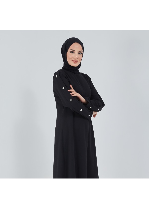 Parlak Zımba Dekorlu Siyah Ferace